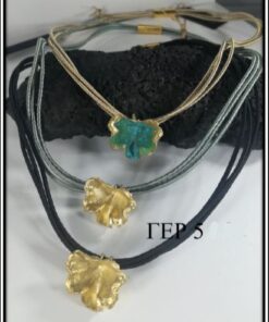 Necklace with geranium leaves, green oxidation and off-white cord  ΓΕΡ 5